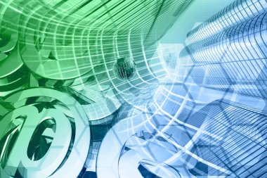 Bilgisayar arka plan - posta işaretleri, Küre ve Binalar, tonda.