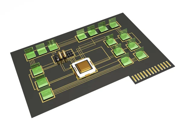 Gröna Anteckningsböcker Och Guld Processor Elektroniska Ombord Illustration — Stockfoto
