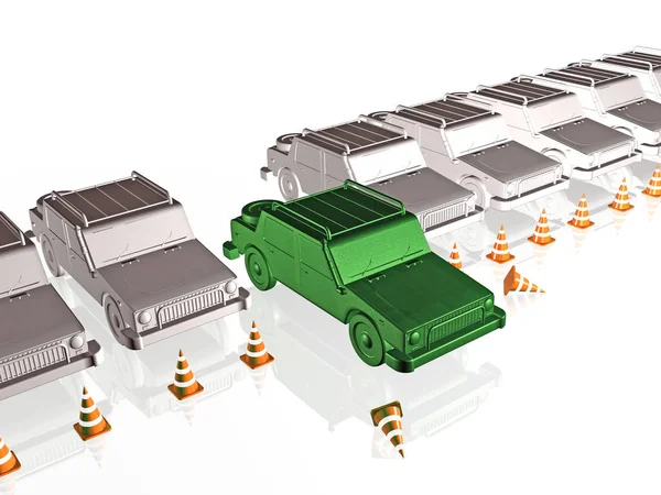 Gray cars and green car on white reflective background, 3D illustration.