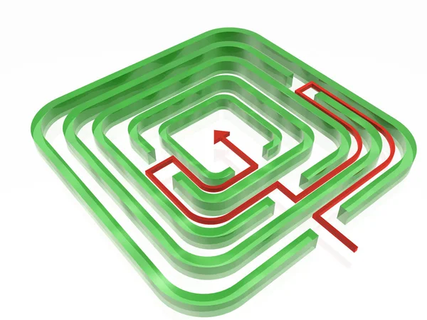 Зеленый Лабиринт Красной Стрелкой Белом Фоне Иллюстрация — стоковое фото
