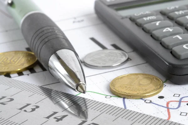 Financiële Achtergrond Met Geld Rekenmachine Grafiek Pen — Stockfoto