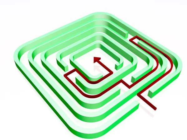 Grön Labirinth Med Röd Pil Vit Bakgrund Illustration — Stockfoto