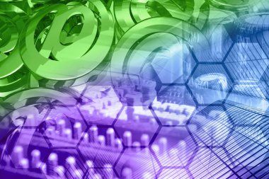 Elektronik cihaz, posta işaretleri ve binalar ile bilgisayar arka plan.