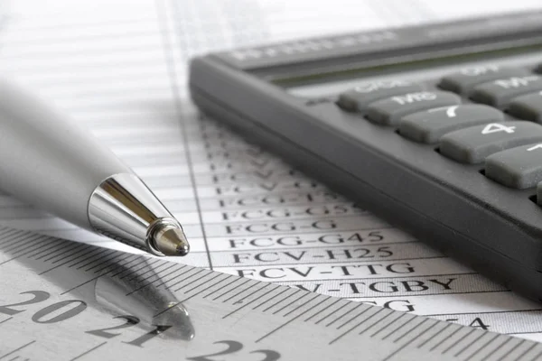 Zakelijke Achtergrond Met Tafel Pen Rekenmachine — Stockfoto