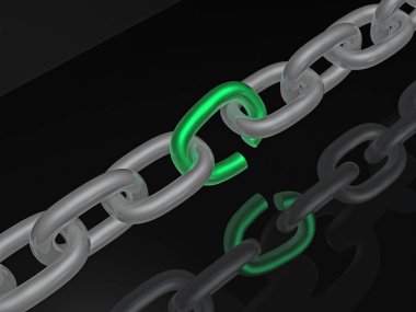 Yeşil link, beyaz arka plan, 3d çizim ile gri zinciri.