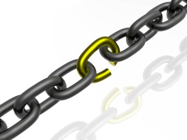 Sarı link, beyaz arka plan, 3d çizim ile gri zinciri.