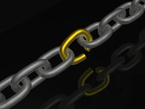 Grey chain with yellow link, black background, 3D illustration.