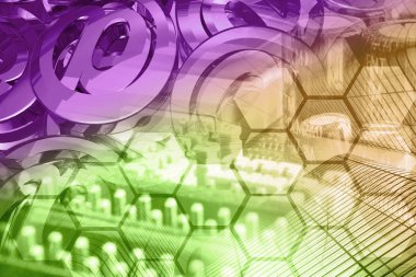 Elektronik cihaz, posta işaretleri ve binalar ile bilgisayar arka plan.