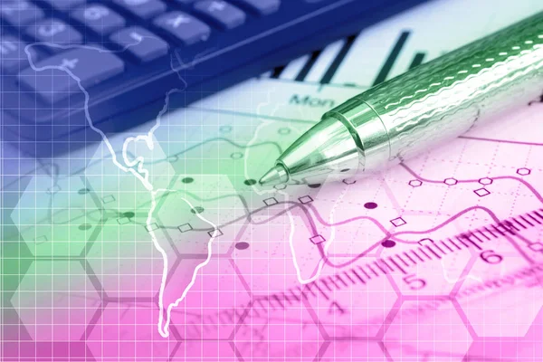 Fundo Financeiro Com Mapa Calculadora Gráfico Caneta — Fotografia de Stock