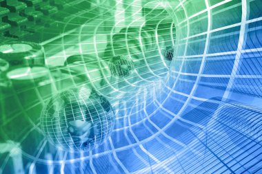 Küre, binalar ve tünel bilgisayar arka plan.