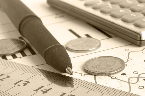 Finanzielle Hintergründe Mit Geld Taschenrechner Grafik Und Stift — Stockfoto
