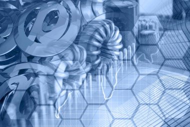 Binalar, posta işaretleri ve elektronik cihaz ile bilgisayar arka plan.