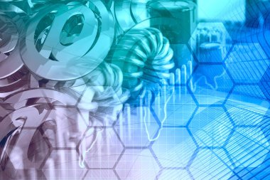 Binalar, posta işaretleri ve elektronik cihaz ile bilgisayar arka plan.