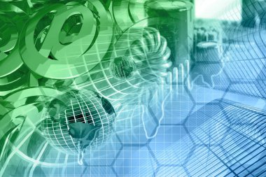 Binalar, posta işaretleri ve elektronik aygıt Internet arka plan.