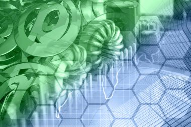 Binalar, posta işaretleri ve elektronik cihaz ile bilgisayar arka plan.