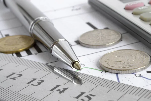 Οικονομικό Υπόβαθρο Χρήματα Αριθμομηχανή Γράφημα Και Στυλό — Φωτογραφία Αρχείου