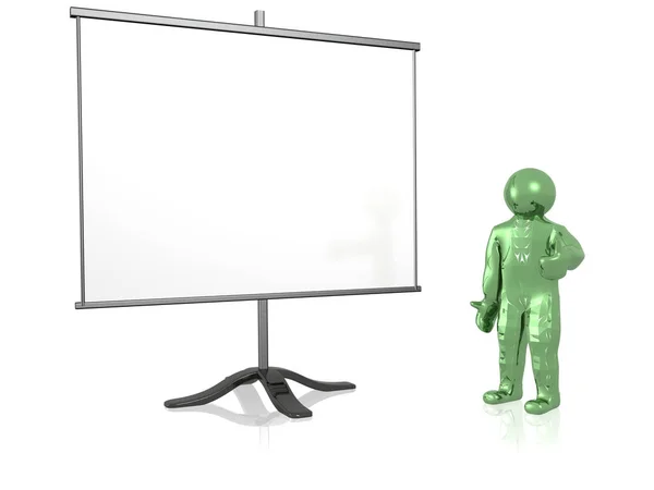Man with presentation stand, white background, 3D illustration.