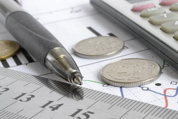 Финансовый Фон Деньгами Калькулятор График Ручка — стоковое фото