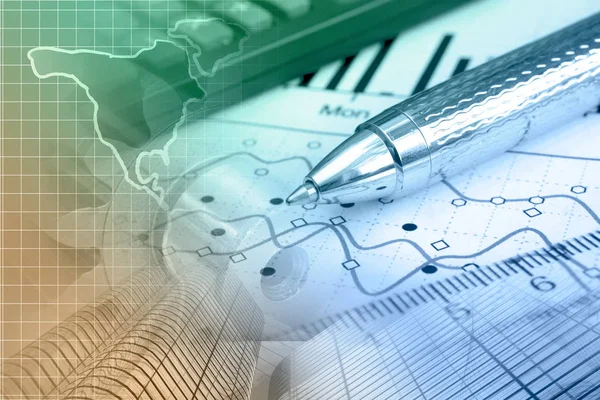 Fundo Financeiro Com Mapa Calculadora Gráfico Caneta — Fotografia de Stock