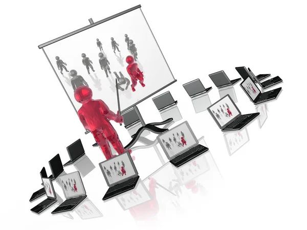 Red and grey mans on the screen, 3D illustration.