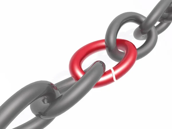 Grey chain with red broken link, white background, 3D illustration.
