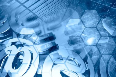 Elektronik aygıt ve posta işaretleriyle soyut bilgisayar arkaplanı.