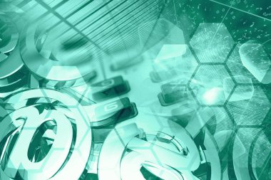 Elektronik aygıt ve posta işaretleriyle soyut bilgisayar arkaplanı.