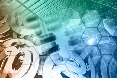 Elektronik aygıt ve posta işaretleriyle soyut bilgisayar arkaplanı.