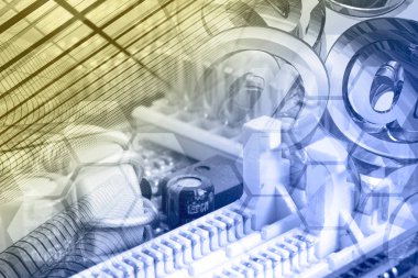 Elektronik aygıt ve posta işaretleriyle soyut bilgisayar arkaplanı.