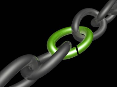 Yeşil link, siyah arka plan, 3d çizim ile gri zinciri.