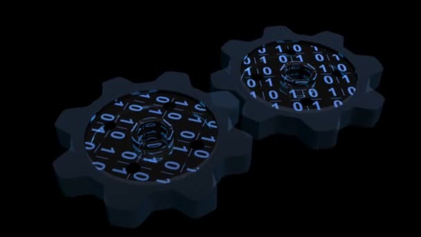 Blue Digital Gears Rotating Black Background — Stock Video