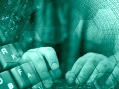 Klavye, eller ve parmaklı soyut bilgisayar arkaplanı.