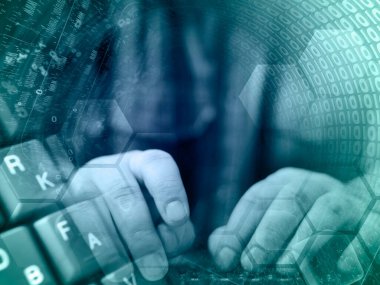 Klavye, eller ve parmaklı soyut bilgisayar arkaplanı.