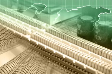 Binaları, elektronik aygıtı ve haritası olan soyut bilgisayar arkaplanı.