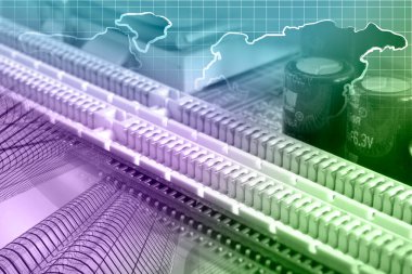 Binaları, elektronik aygıtı ve haritası olan soyut bilgisayar arkaplanı.