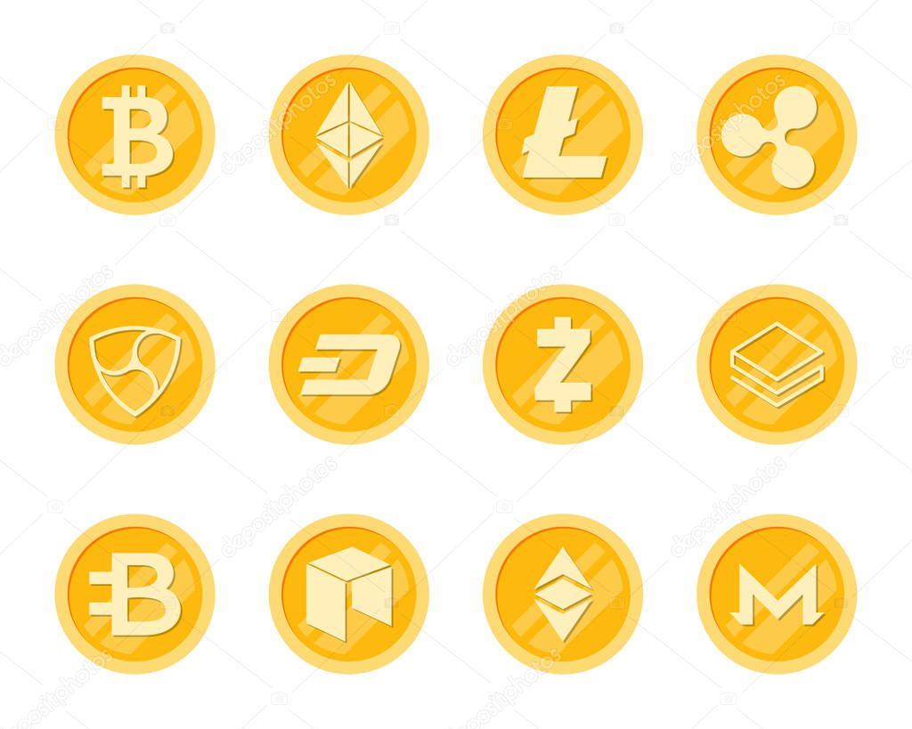 Crupto Coins Icons Set. Cryptocurrency Logo Set - Bitcoin, Litecoin, Ethereum, Ethereum Classic, Monero, Ripple, Zcash Dash, Stratis, Bytecoin, NEO, NEM.