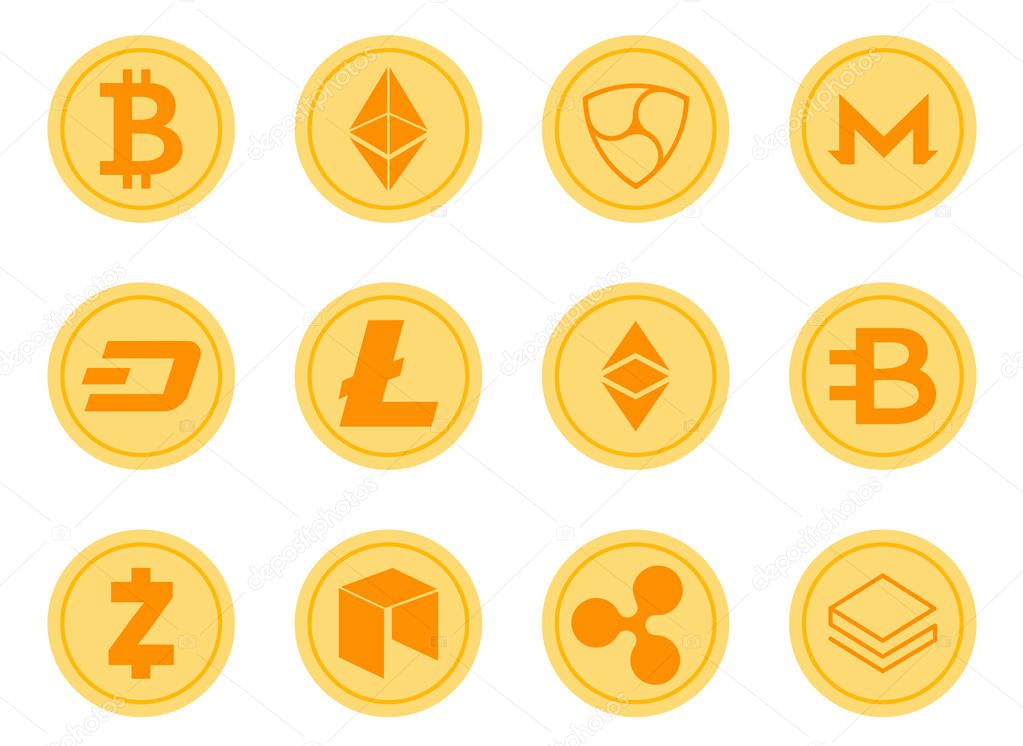 Crypto Coins Vector Icons Set. Cryptocurrency Logo Set - Bitcoin, Litecoin, Ethereum, Ethereum Classic, Monero, Ripple, Zcash Dash, Stratis, Bytecoin, NEO, NEM.