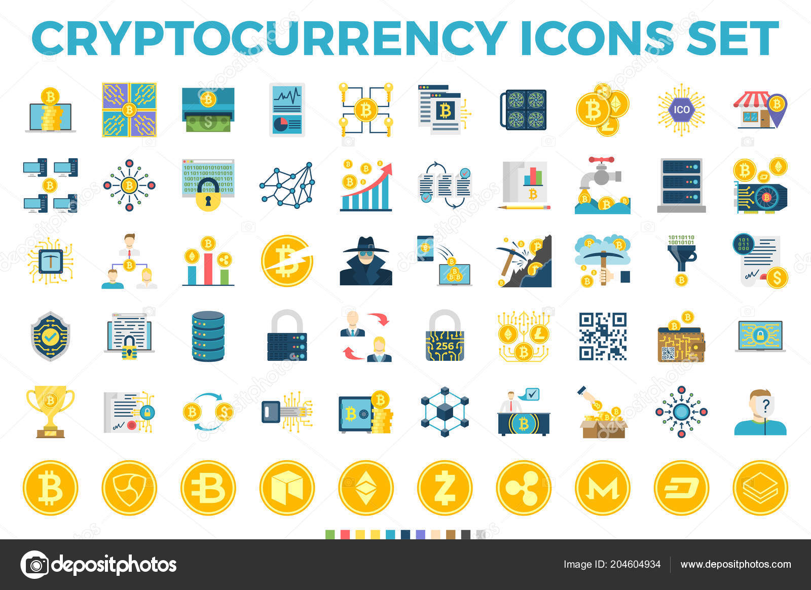 Cryptocurrency and Blockchain Flat Icons Stock Vector by