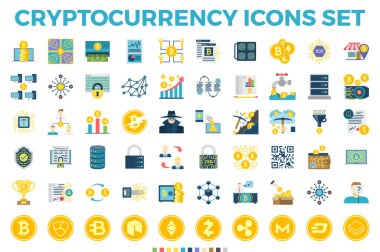 Cryptocurrency ve Blockchain düz simgeler