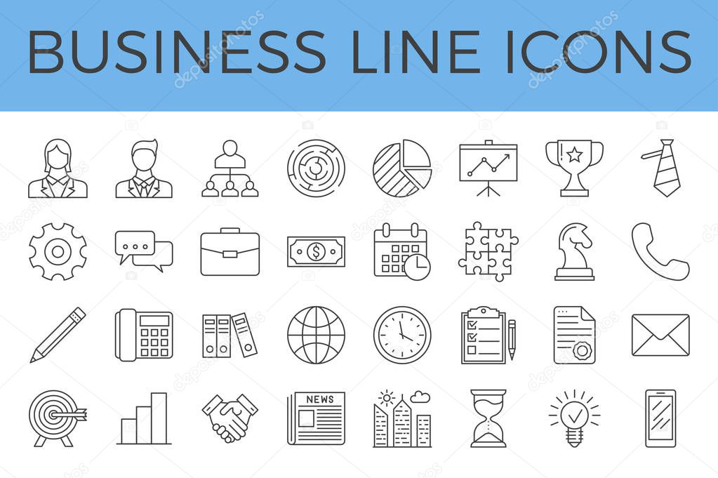 Business Related Vector Line Icons Set. Isolated on White Background. Editable Stroke.