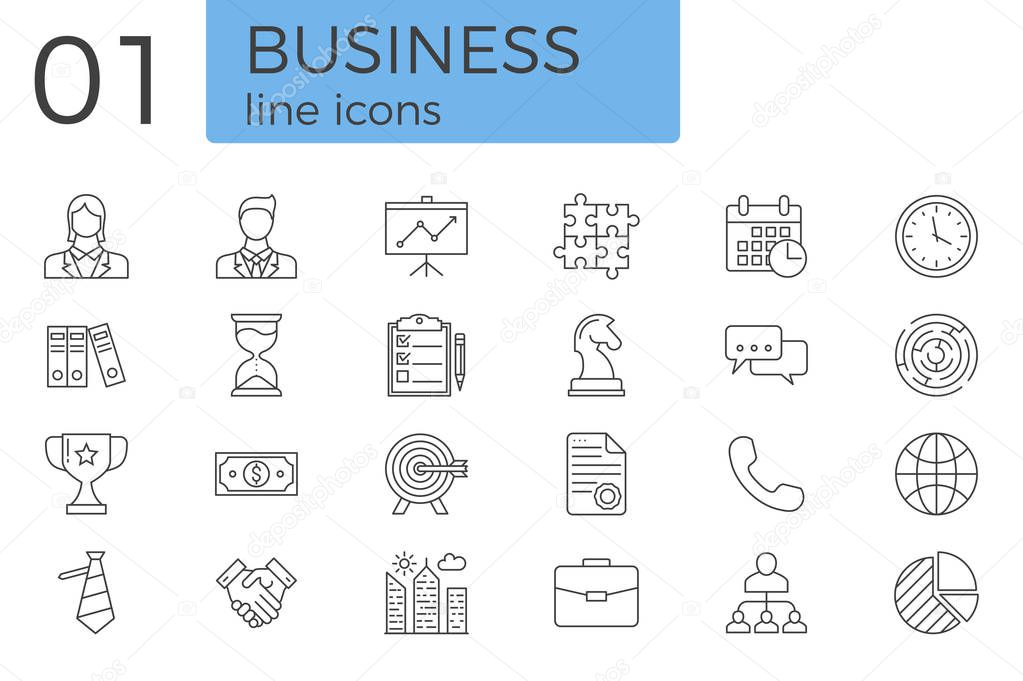 Business Related Vector Line Icons Set. Isolated on White Background. Editable Stroke.