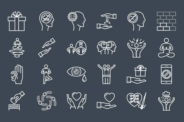 Набор тонких иконок, связанных с сознательной жизнью и отношениями с друзьями — стоковый вектор