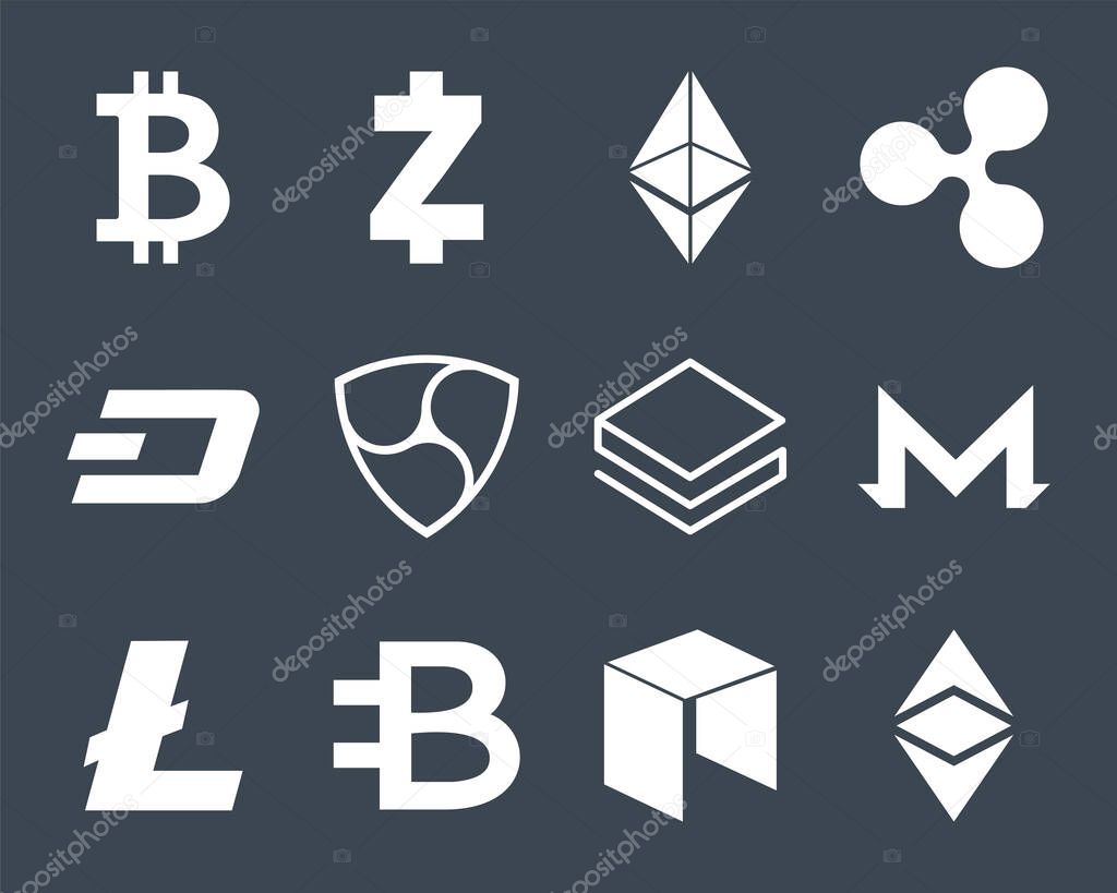 Cryptocurrency Logo Set - Bitcoin, Litecoin, Ethereum, Ethereum Classic, Monero, Ripple, Zcash Dash, Stratis, Bytecoin, NEO, NEM