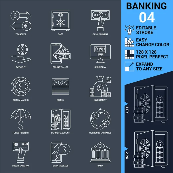 Icone bancarie impostate. Illustrazione vettoriale della linea sottile — Vettoriale Stock