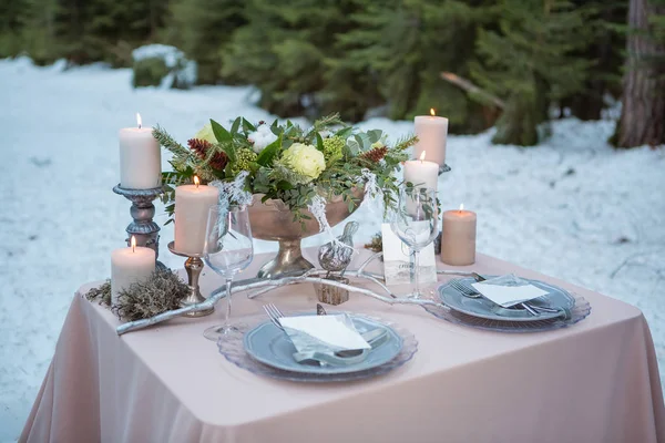 Svatební Stůl Pro Dva Servirovane Zimním Lese Royalty Free Stock Fotografie