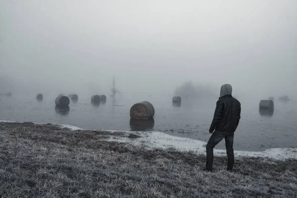 Rouleaux Foin Dans Eau Brouillard Matin — Photo