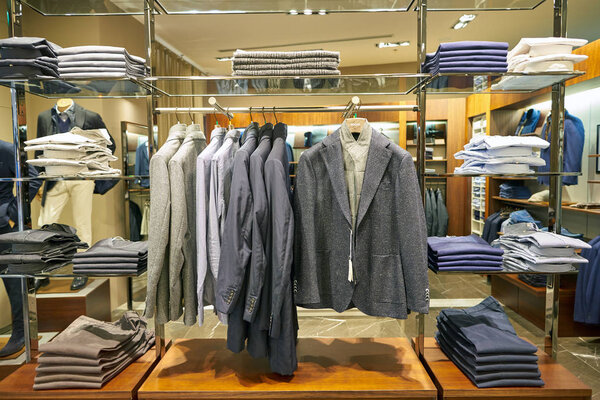 MILAN MALPENSA, ITALY - CIRCA NOVEMBER, 2017: clothing on display at Boggi store in Milan-Malpensa Airport, Termianl 1