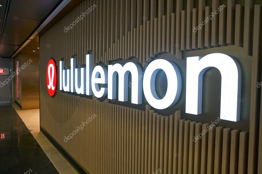 HONG KONG, CHINA - CIRCA FEBRUARY, 2019: close up shot of lululemon sign in Hong Kong International Airport.