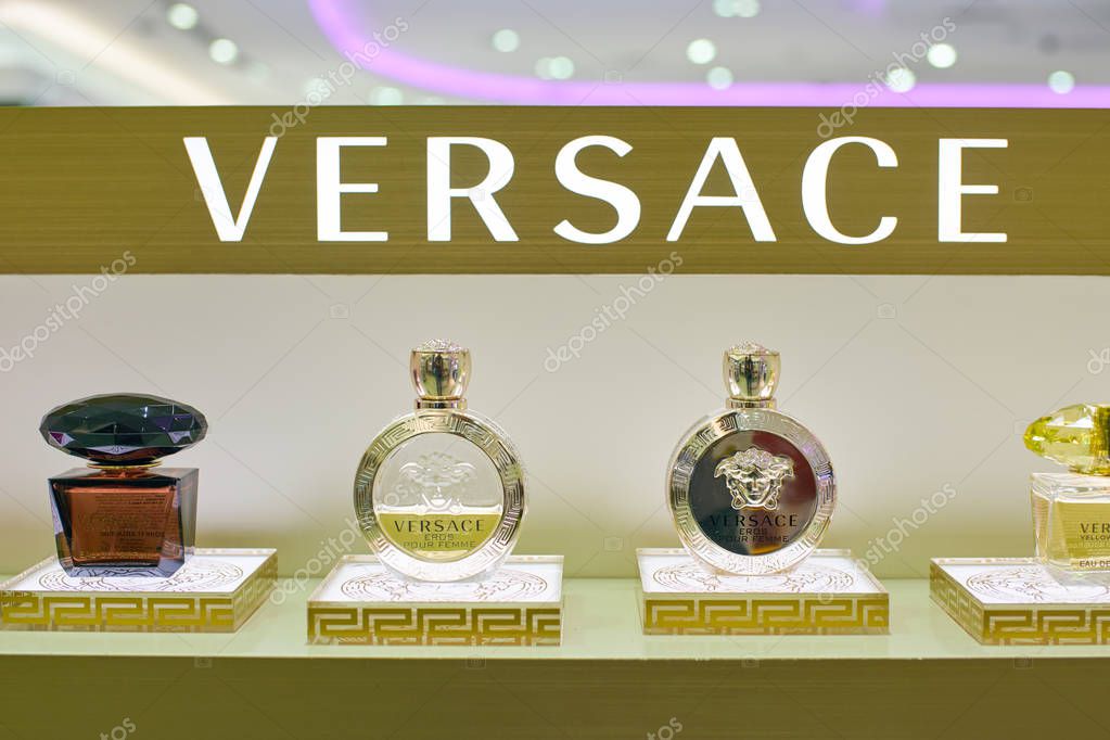DUBAI, UAE - CIRCA FEBRUARY, 2019: perfumes on display in Duty Free at Dubai International Airport.
