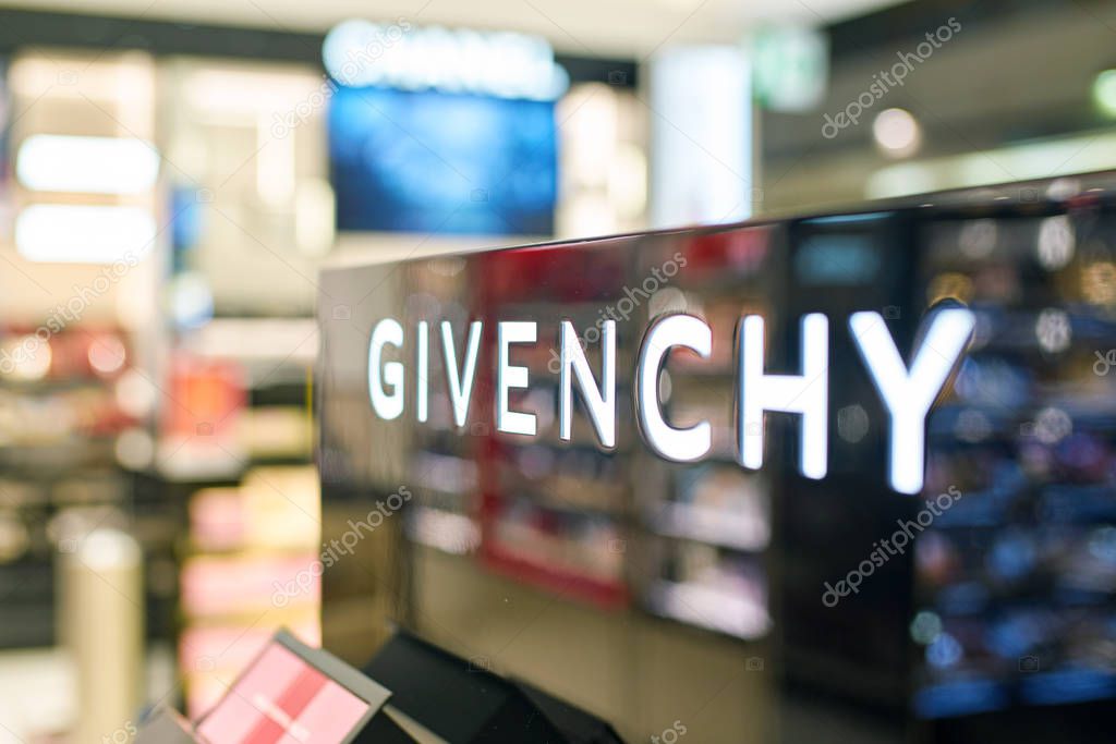 DUBAI, UAE - CIRCA FEBRUARY, 2019: close up shot of Givenchy sign in Dubai Duty Free.